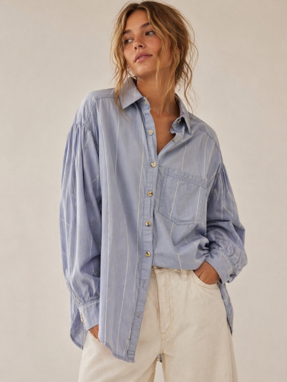 We The Free Free People XS Blue Striped Oversized Button Down Shirt Cotton